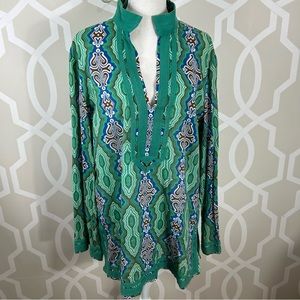 Tory Burch Green Graphic Tunic with Mandarin Collar